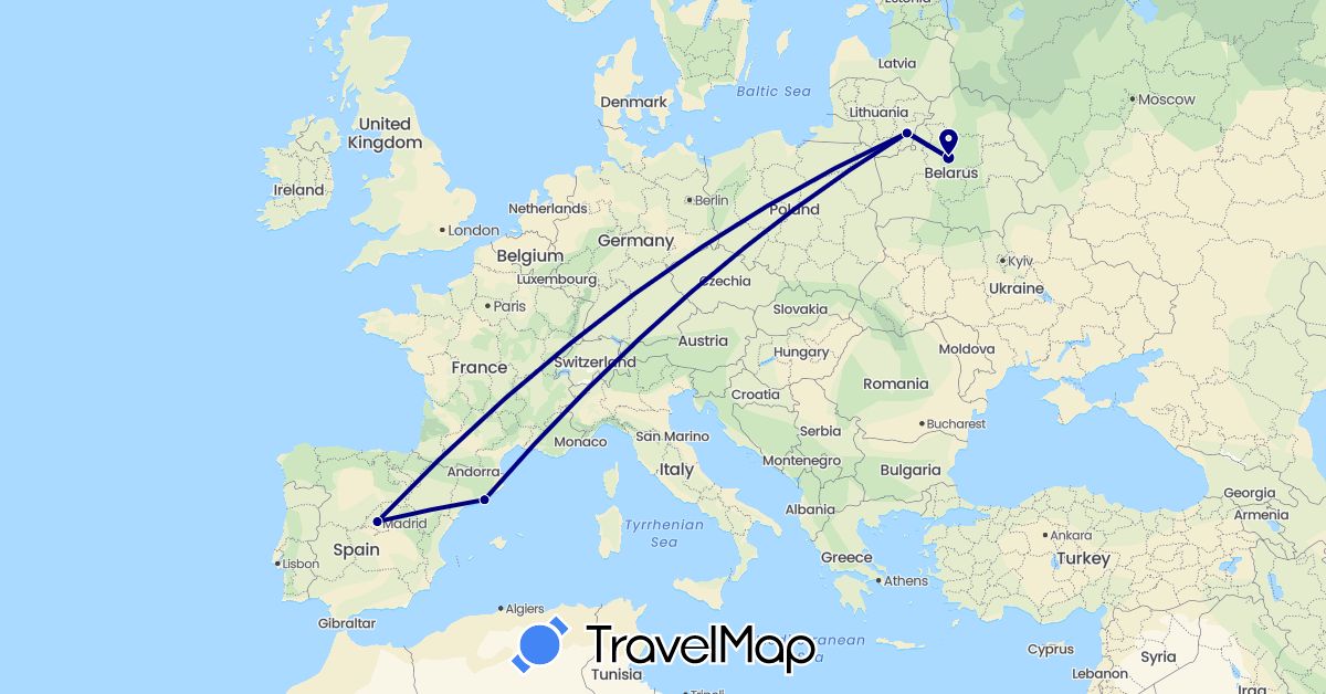 TravelMap itinerary: driving in Belarus, Spain, Lithuania (Europe)